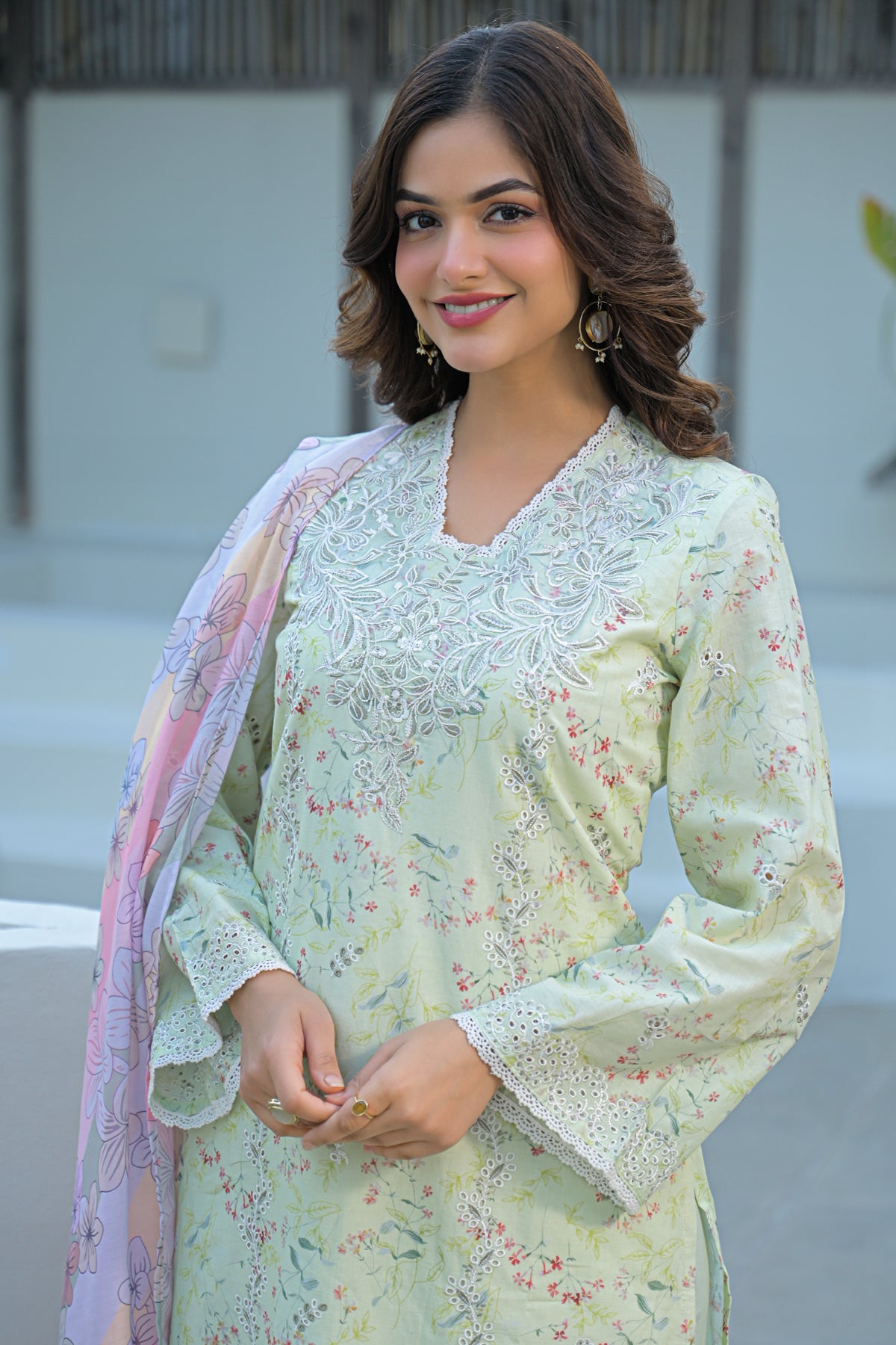 Green Cotton Embroidered Suit Set With Dupatta