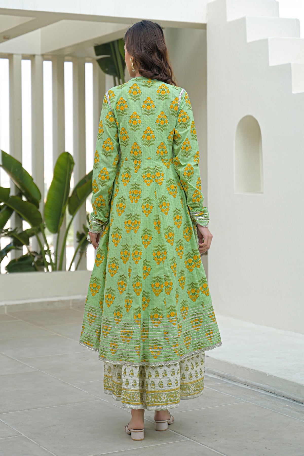 Green Cotton Gotapatti Gown Set