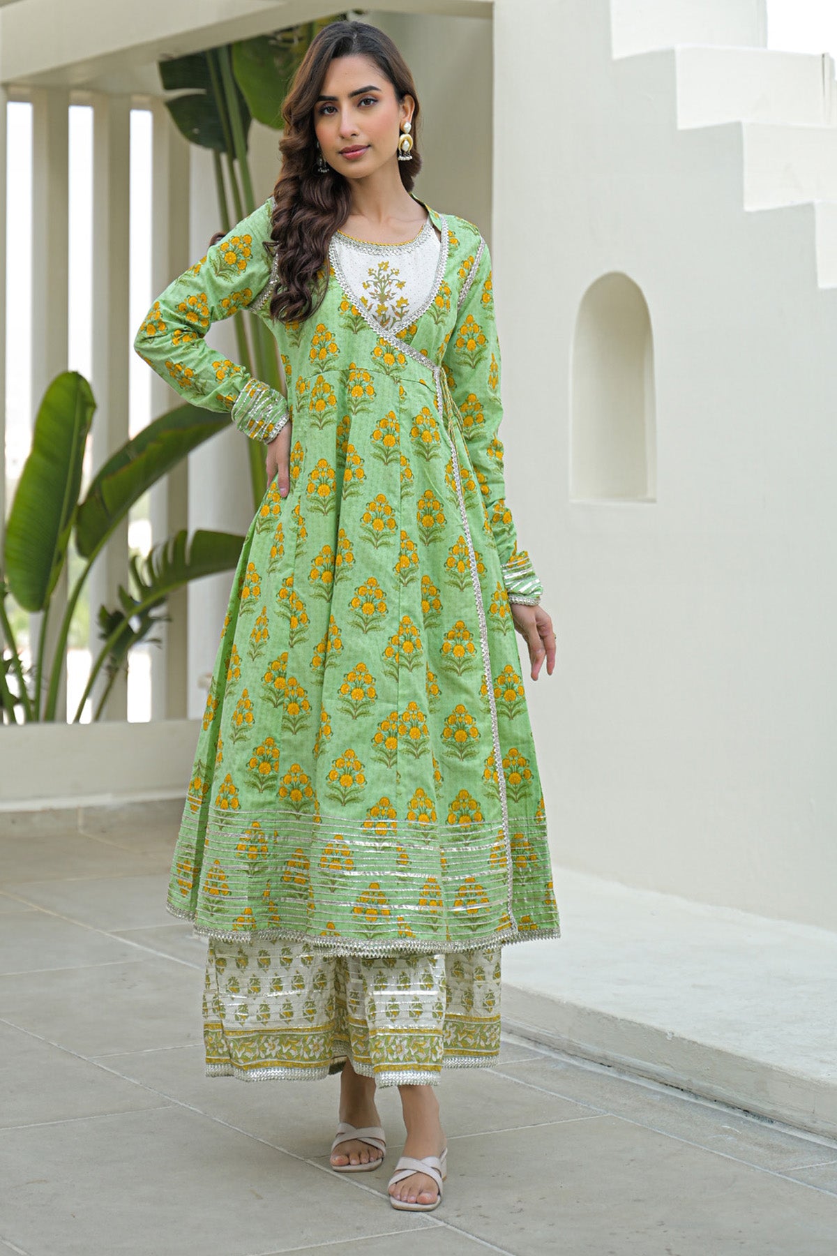 Green Cotton Gotapatti Gown Set