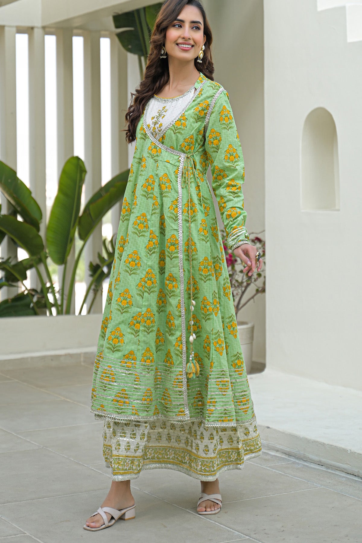 Green Cotton Gotapatti Gown Set