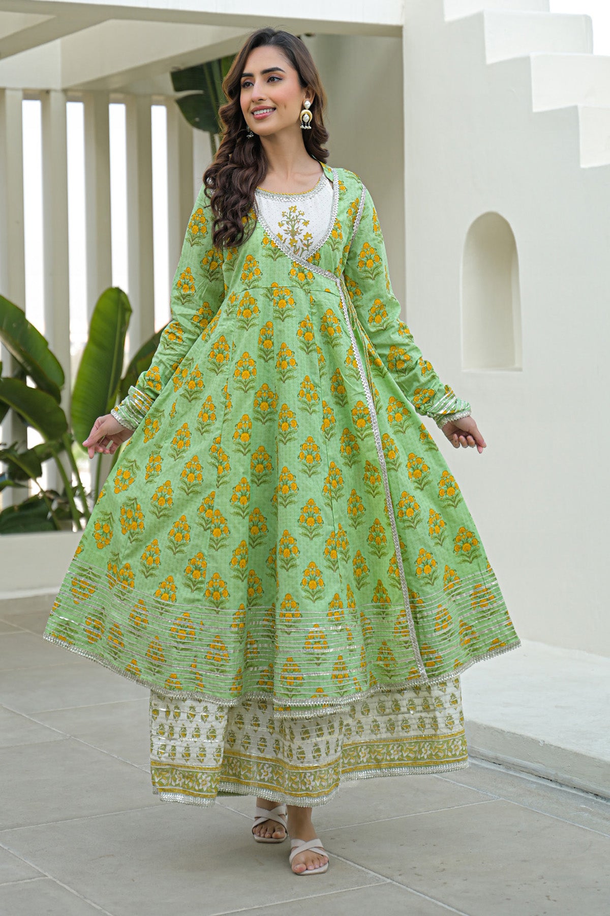 Green Cotton Gotapatti Gown Set