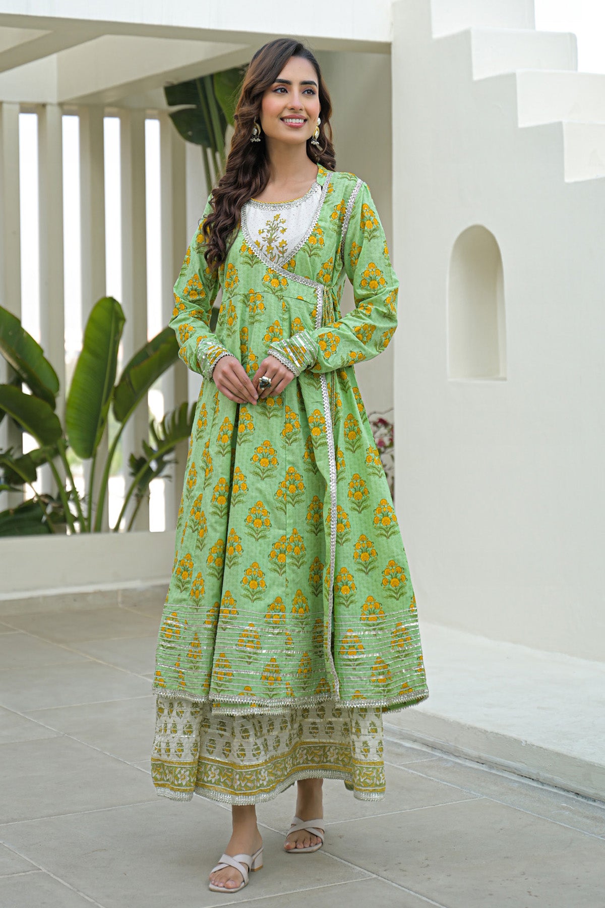 Green Cotton Gotapatti Gown Set