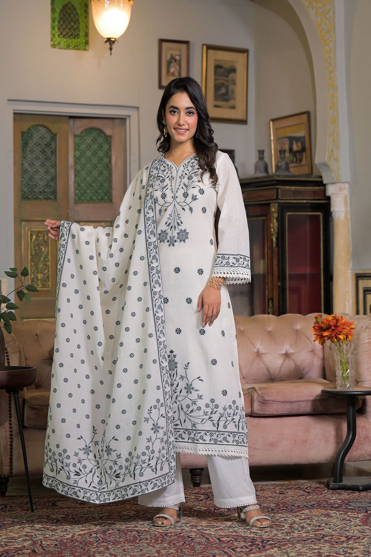 White Cotton Embroidered Straight-Cut Suit