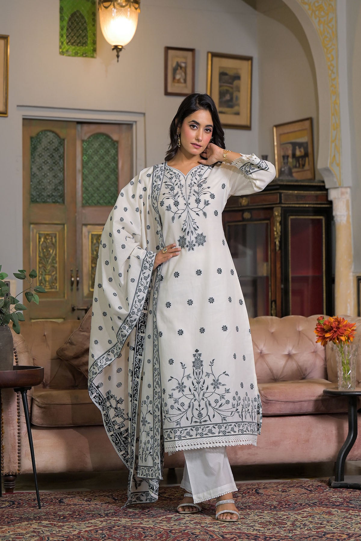 White Cotton Embroidered Straight-Cut Suit