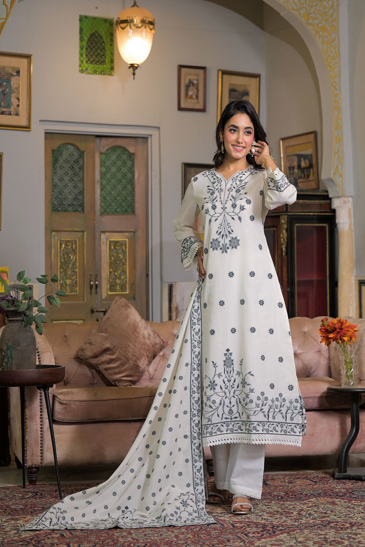 White Cotton Embroidered Straight-Cut Suit