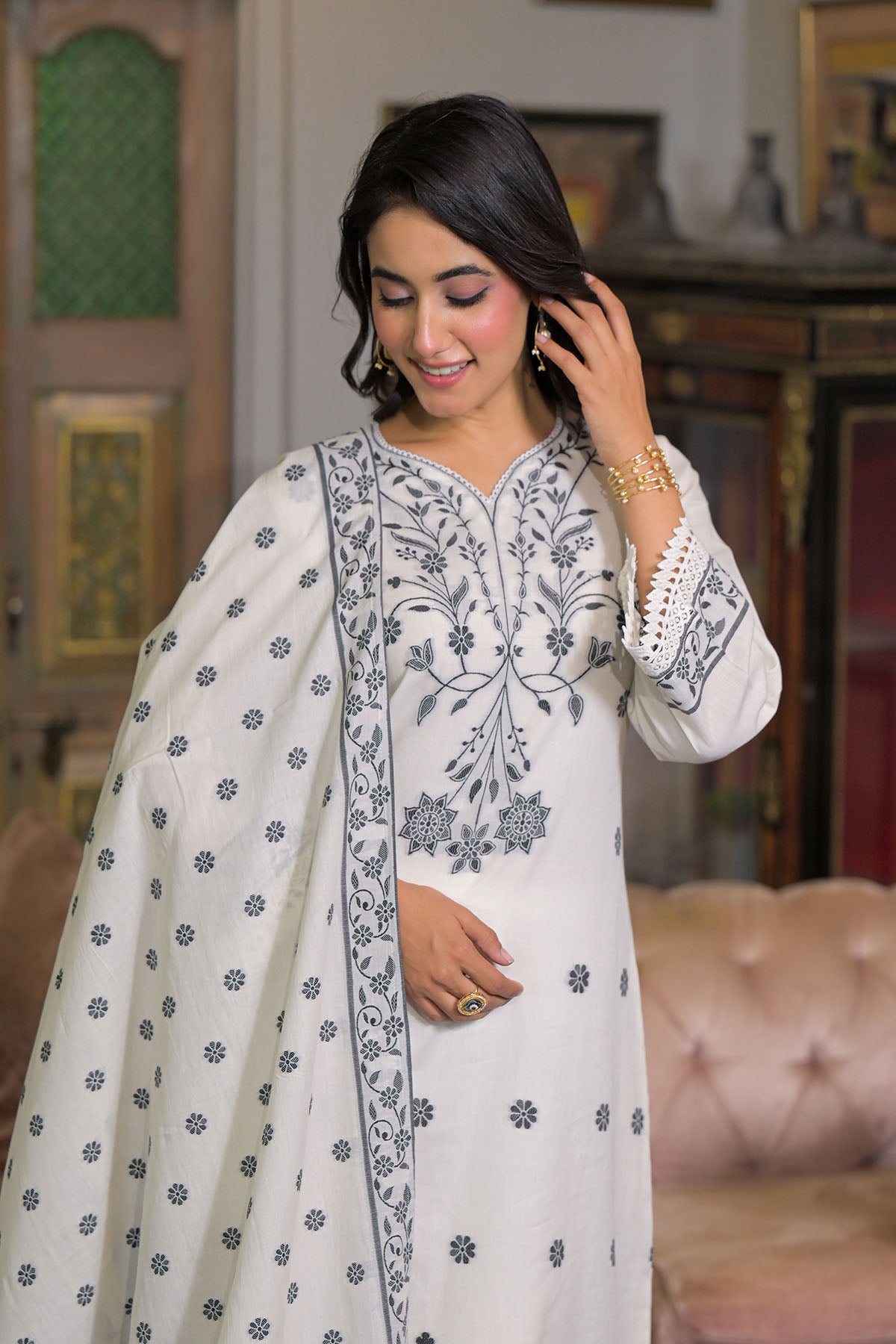 White Cotton Embroidered Straight-Cut Suit