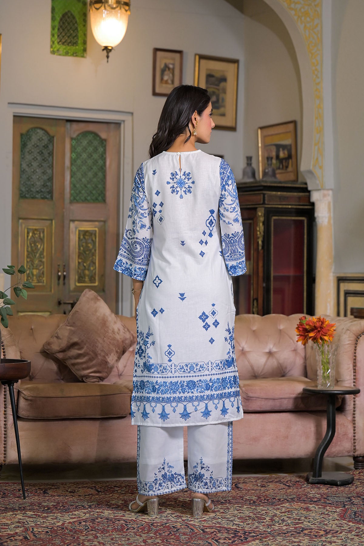 White & Blue Linen Printed Straight-Cut Suit