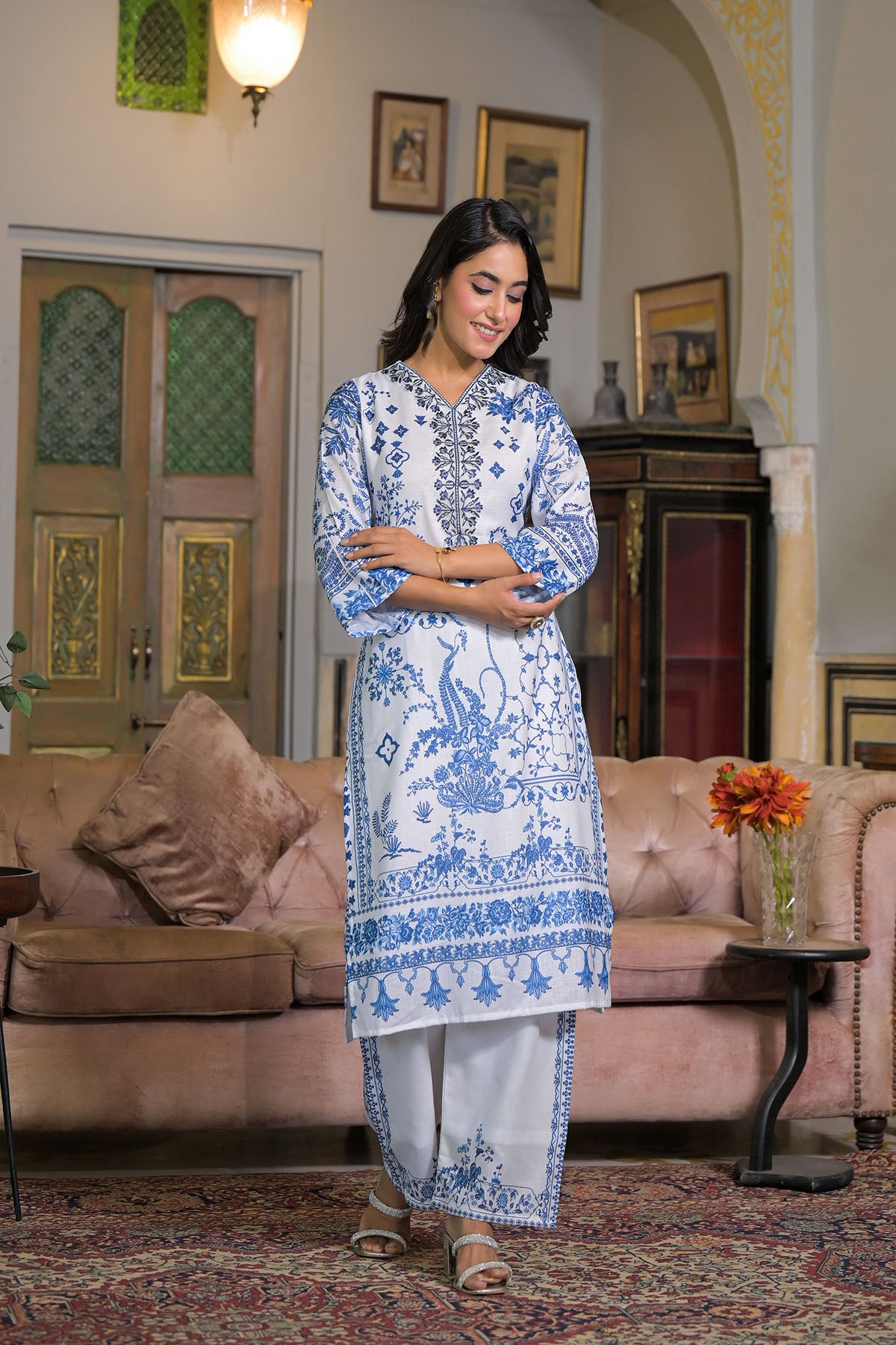 White & Blue Linen Printed Straight-Cut Suit