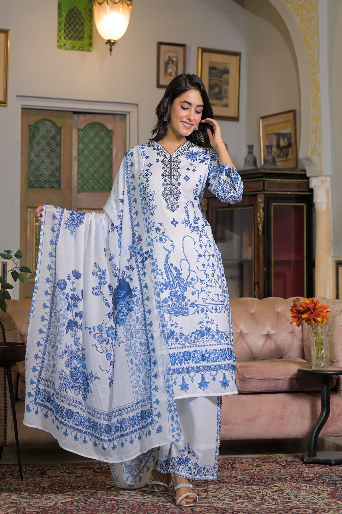 White & Blue Linen Printed Straight-Cut Suit