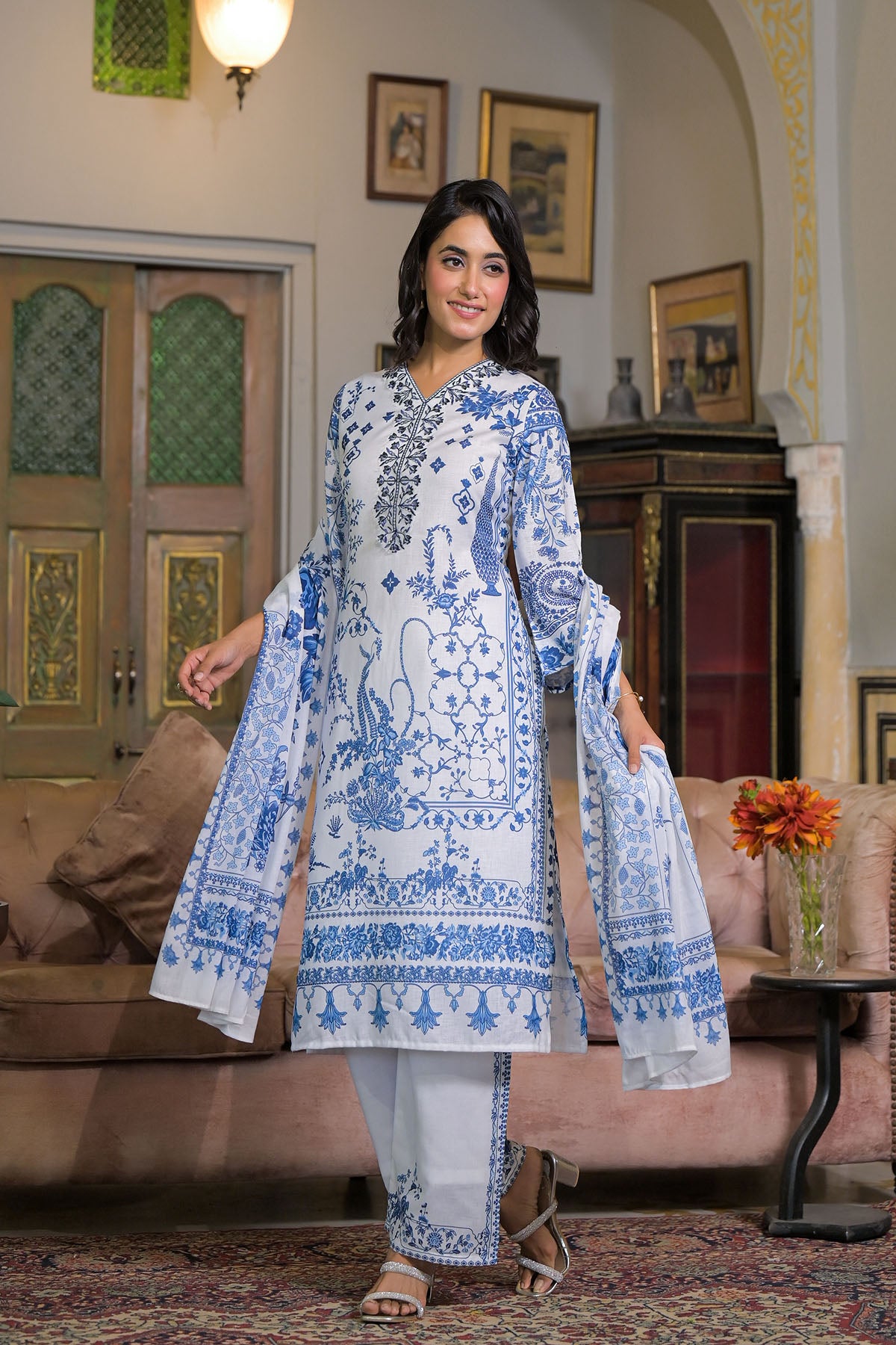 White & Blue Linen Printed Straight-Cut Suit