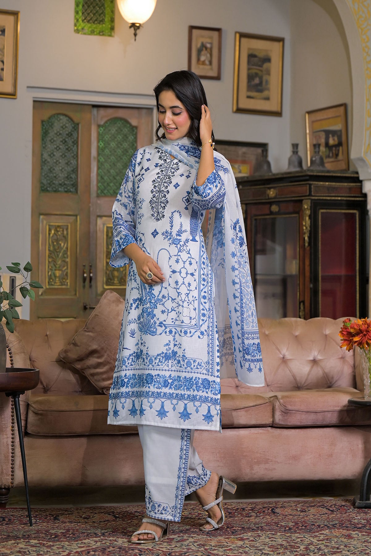 White & Blue Linen Printed Straight-Cut Suit