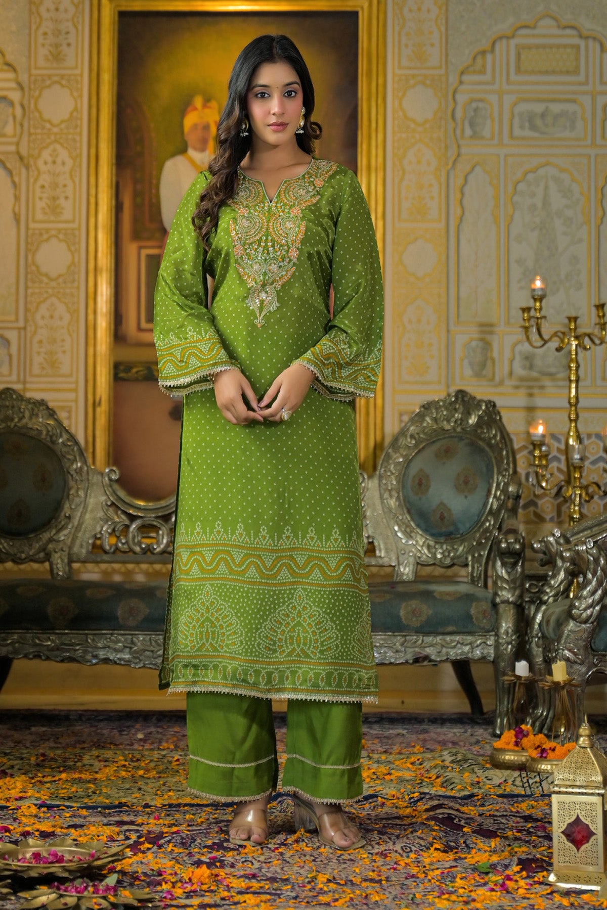 Green Viscose Crepe Handwork Suit Set
