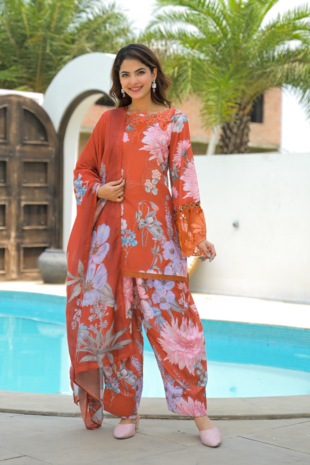 Orange Cotton Embroidered Straight Cut Suit Set | Bairaas
