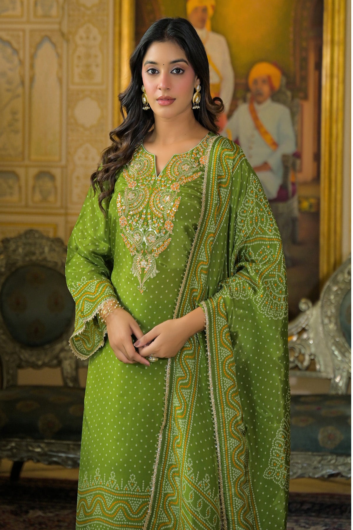 Green Viscose Crepe Handwork Suit Set