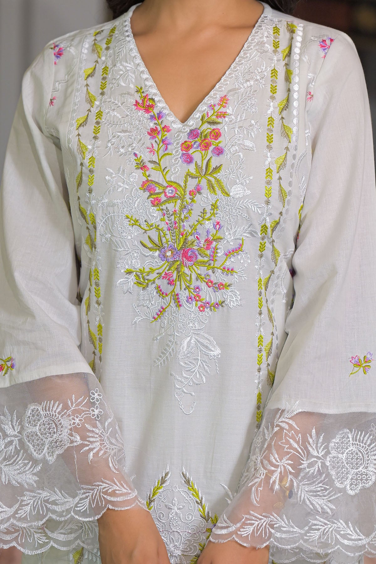 White Cotton Embroidered Straight Pakistani Suit
