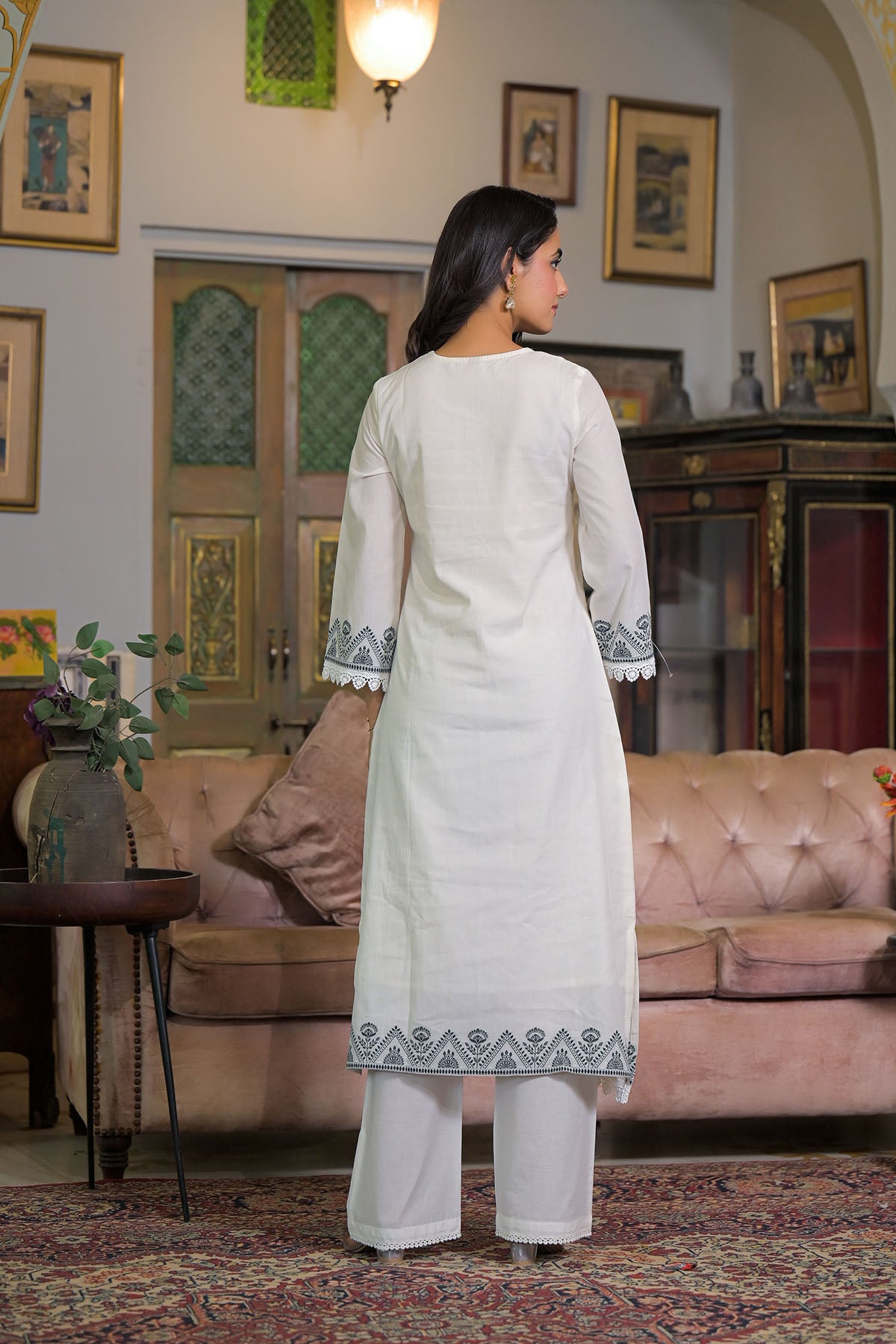 White Cotton Straight-Cut Embroidered Suit