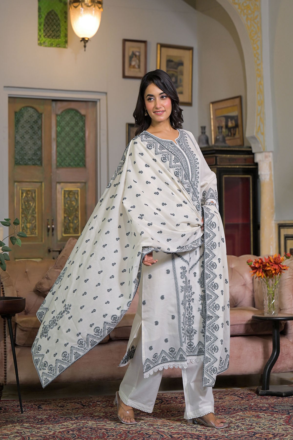 White Cotton Straight-Cut Embroidered Suit