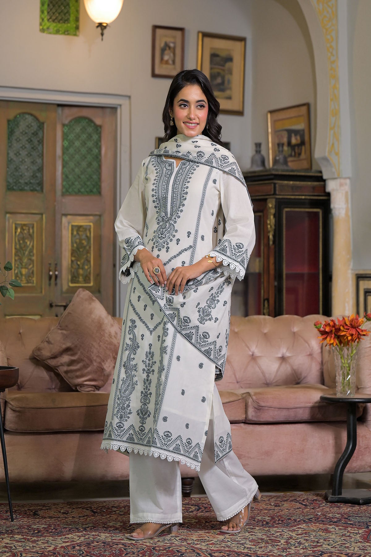 White Cotton Straight-Cut Embroidered Suit