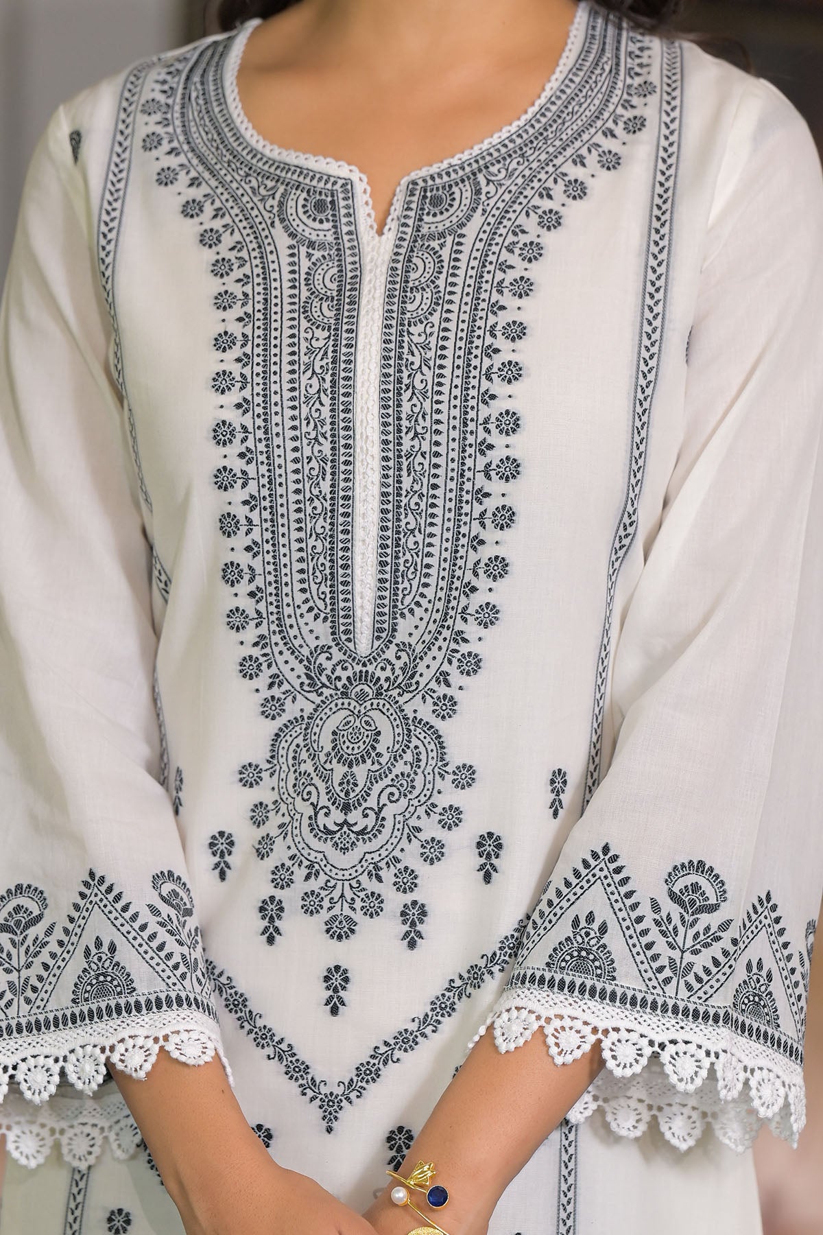 White Cotton Straight-Cut Embroidered Suit