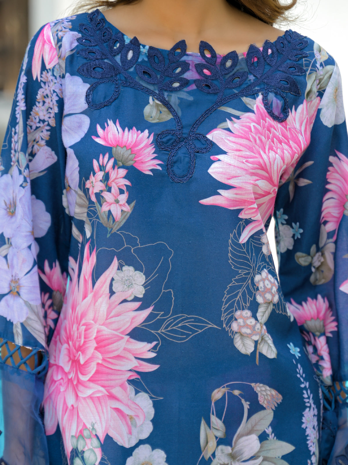 Blue Cotton Embroidered Straight Cut Suit Set | Bairaas