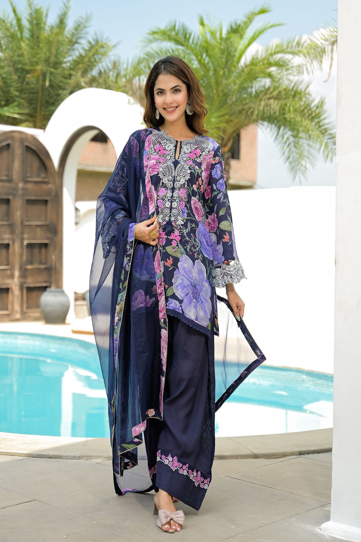 Blue Crepe Embroidered Farsi Salwar Set