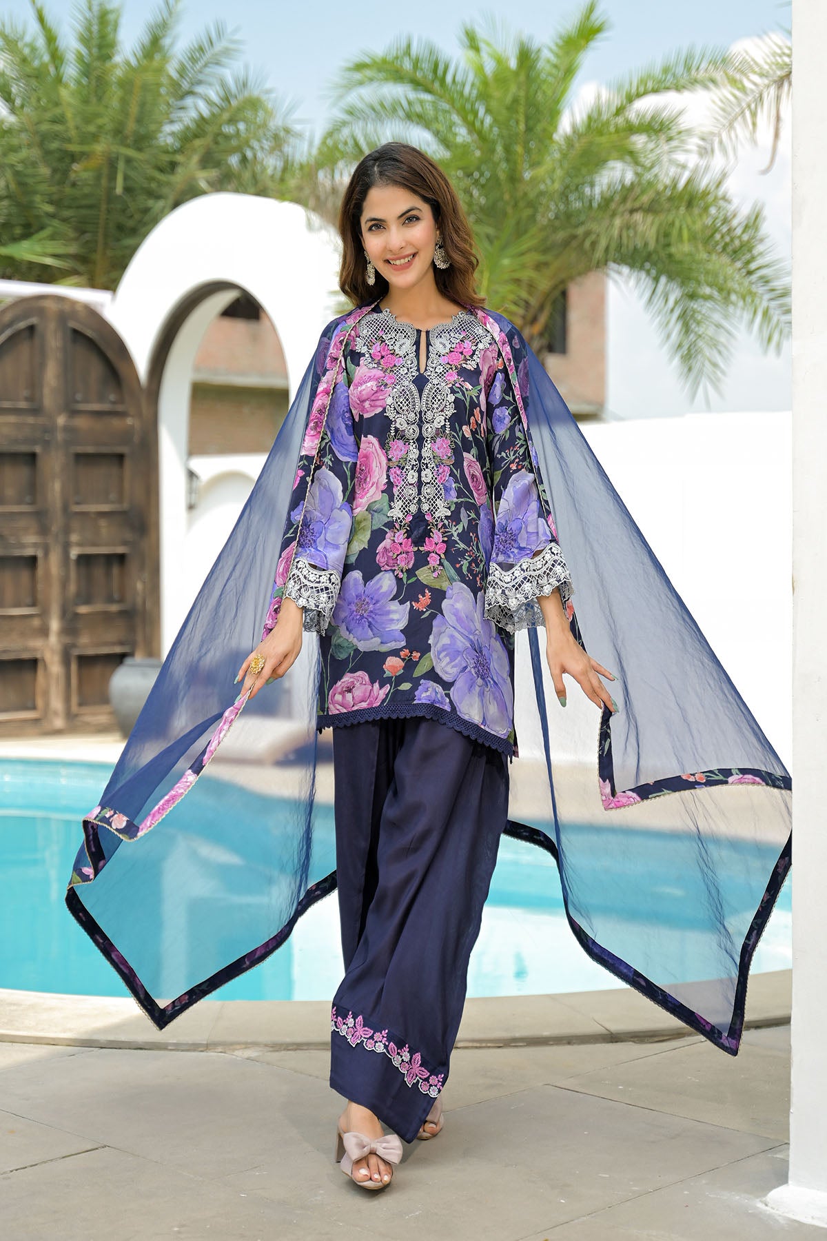 Blue Crepe Embroidered Farsi Salwar Set