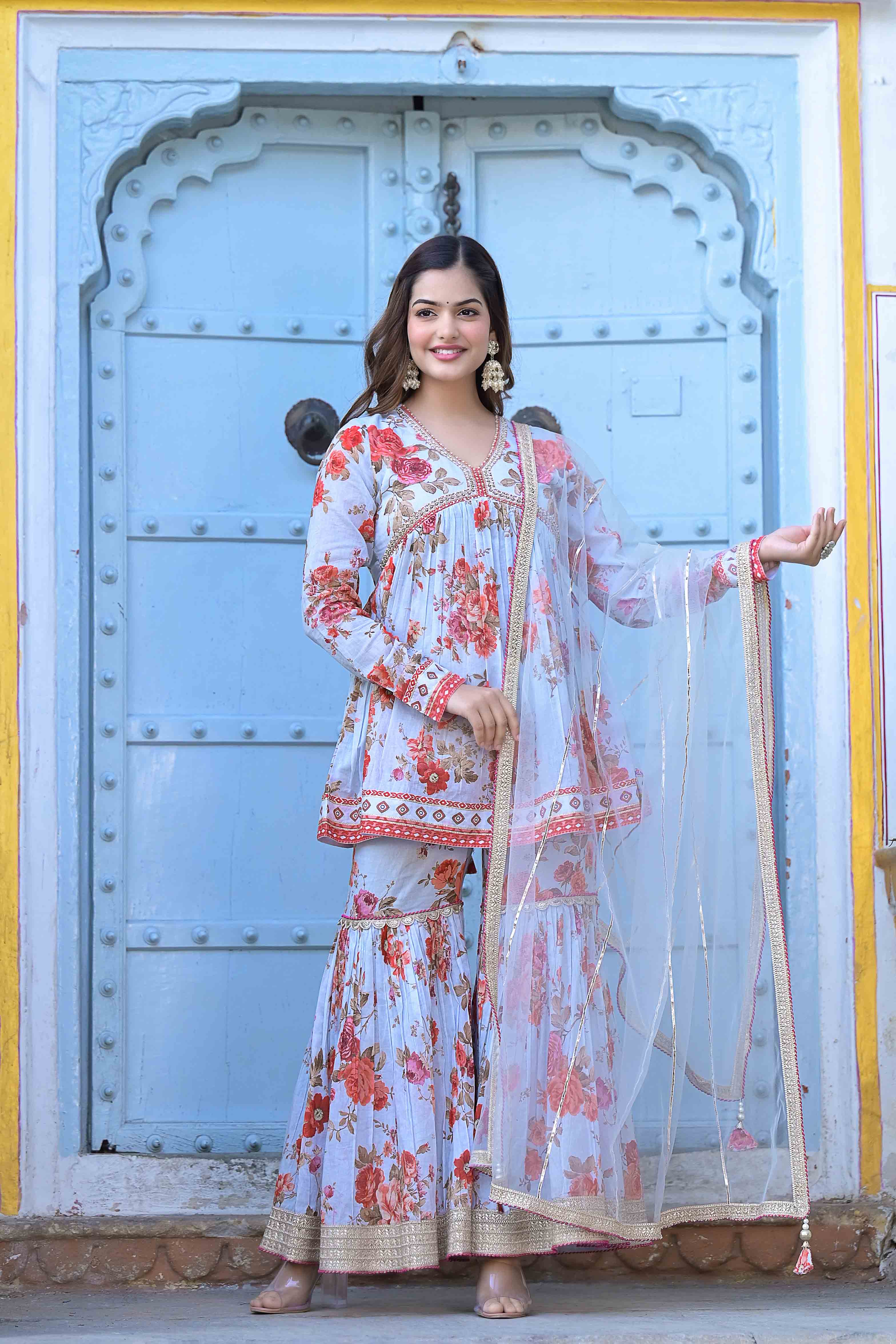Sky Cotton Handwork Sharara Set