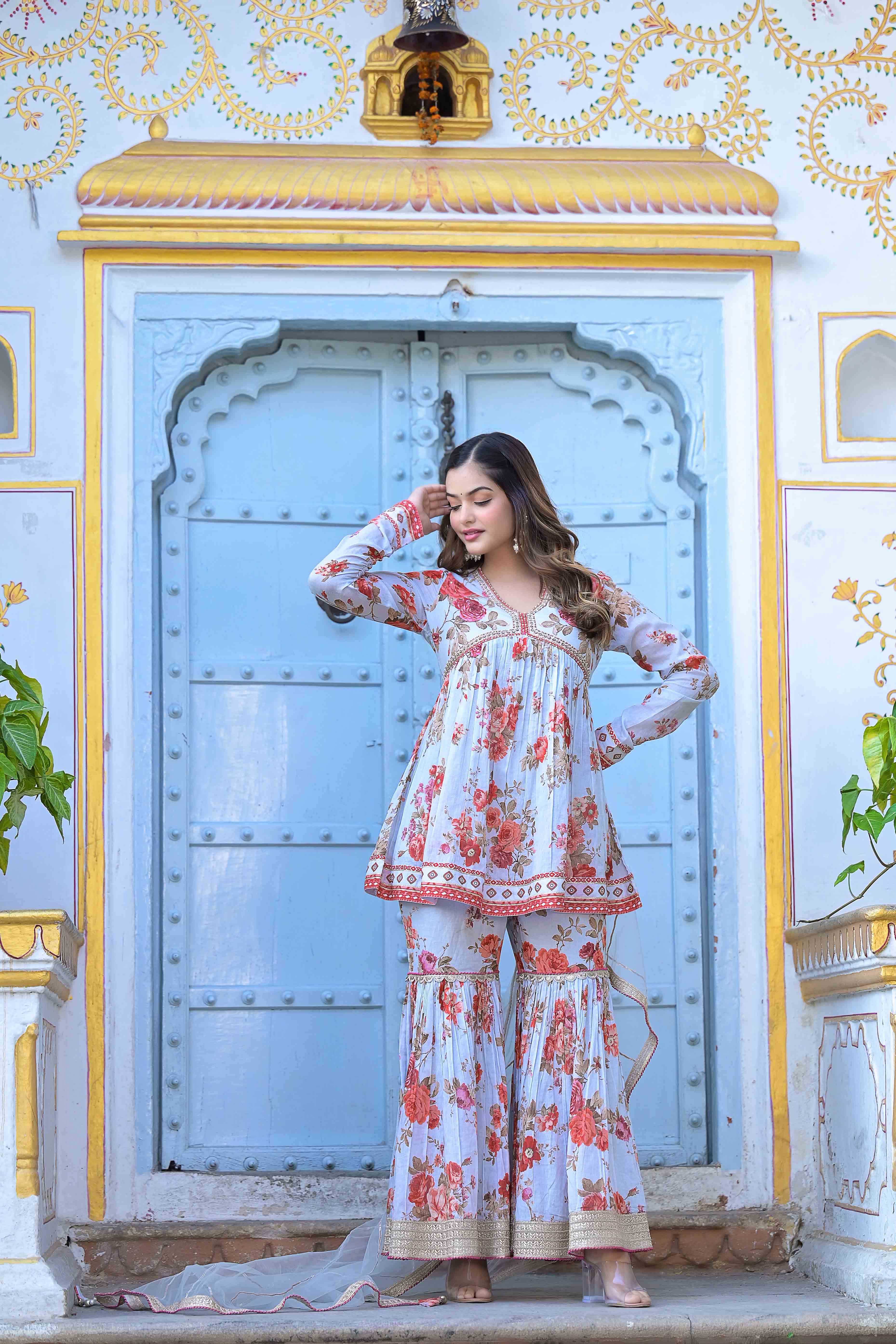 Sky Cotton Handwork Sharara Set