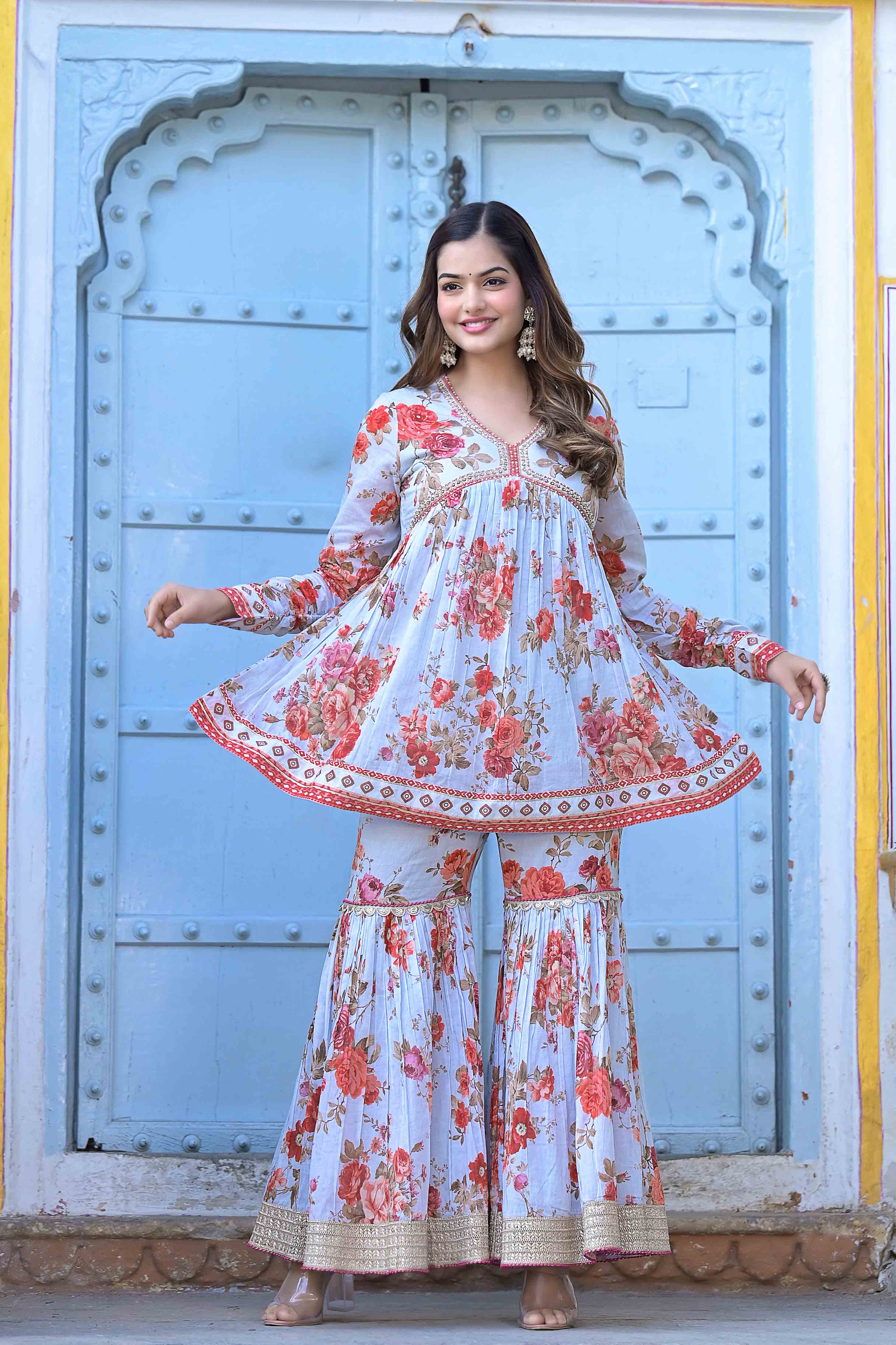 Sky Cotton Handwork Sharara Set