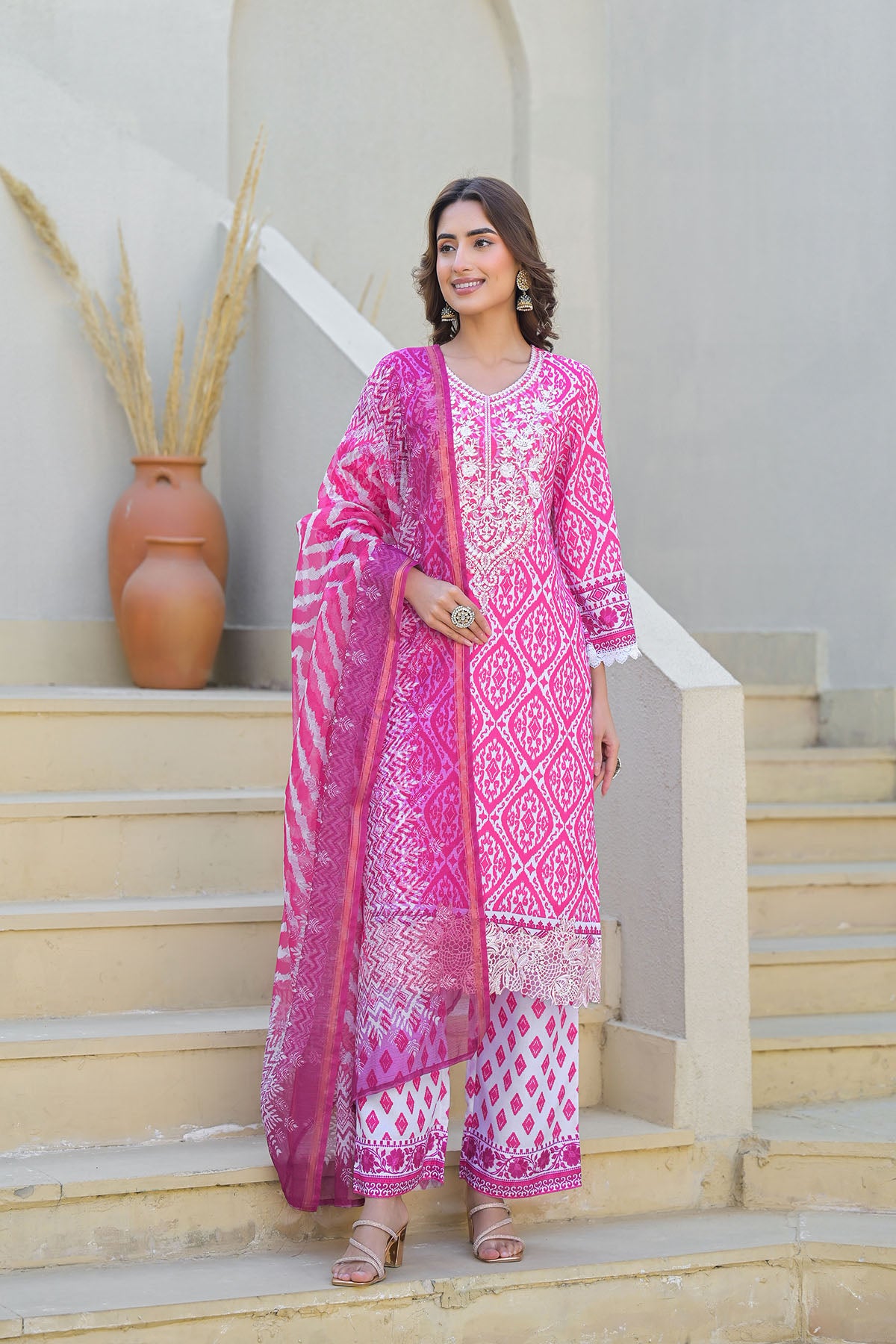 Pink Cotton Embroidered Straight Suit