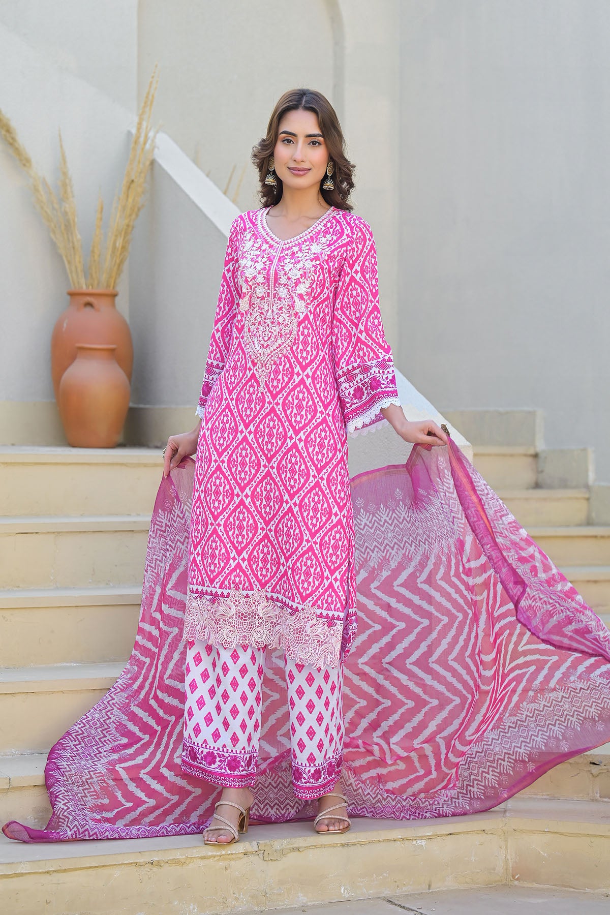 Pink Cotton Embroidered Straight Suit