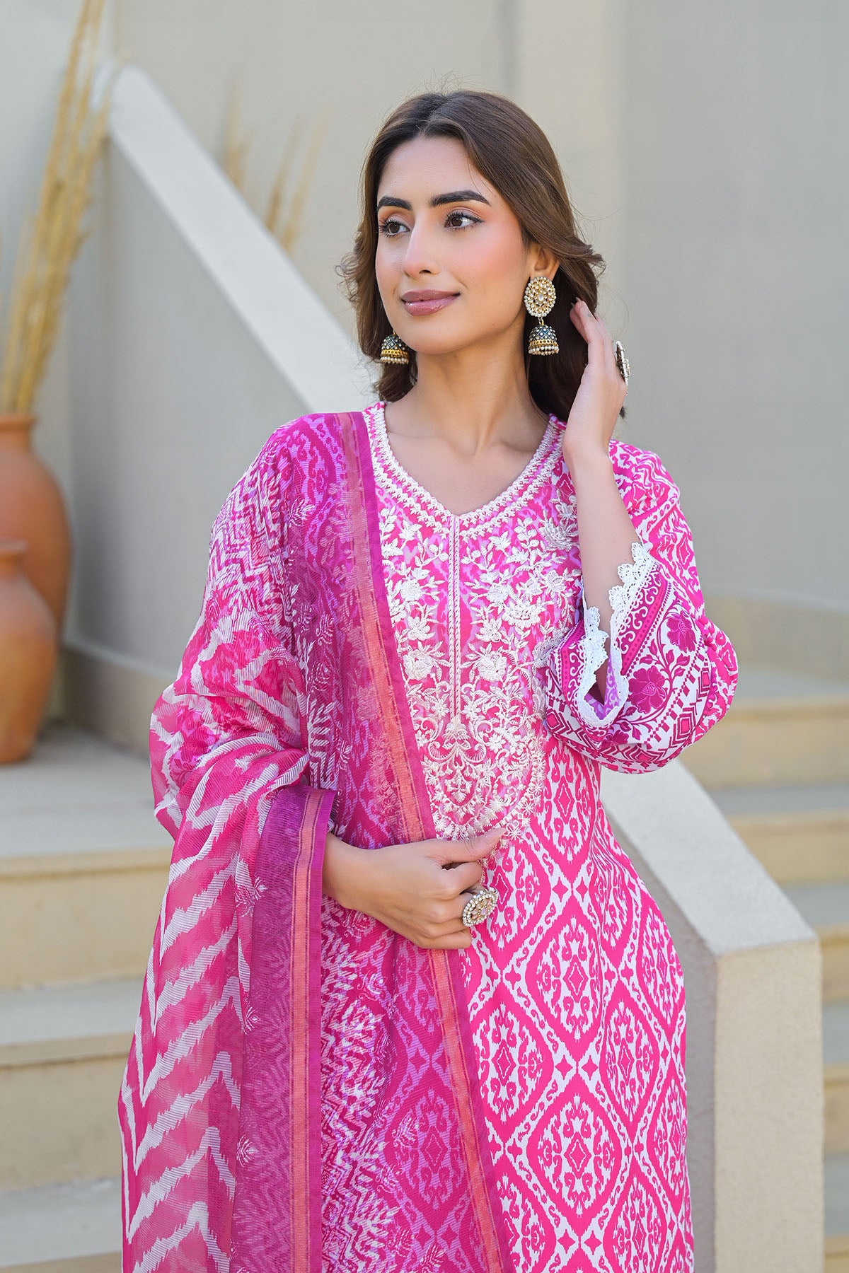 Pink Cotton Embroidered Straight Suit