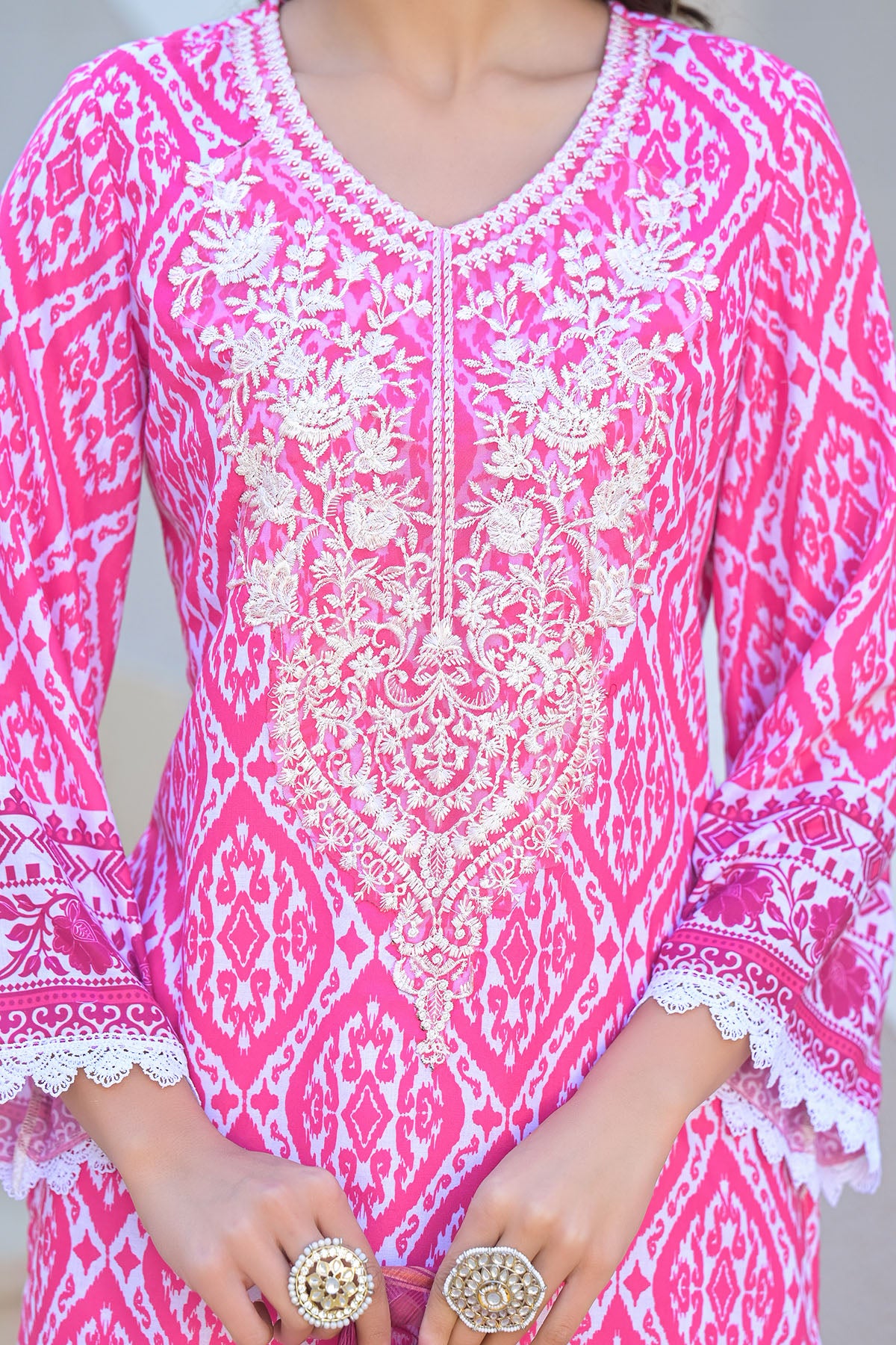 Pink Cotton Embroidered Straight Suit