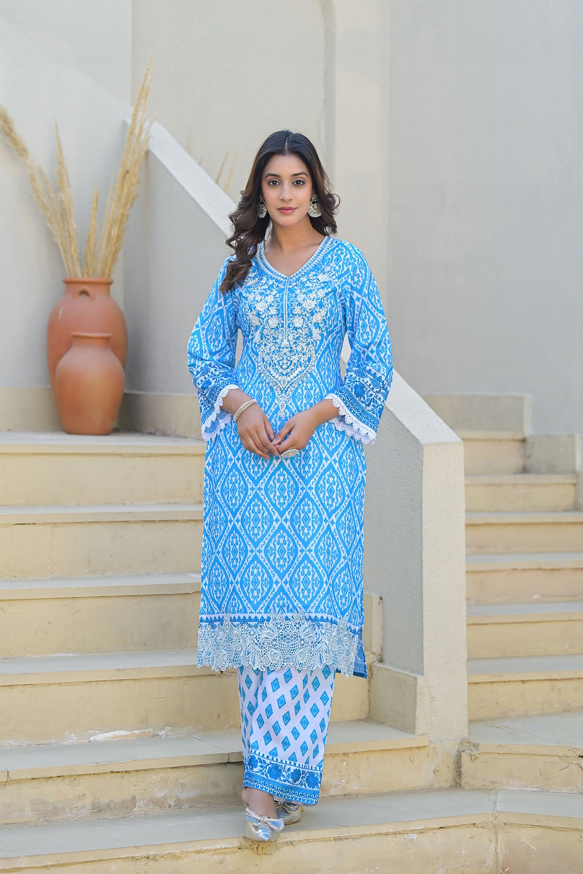 Blue Cotton Embroidered Straight Suit