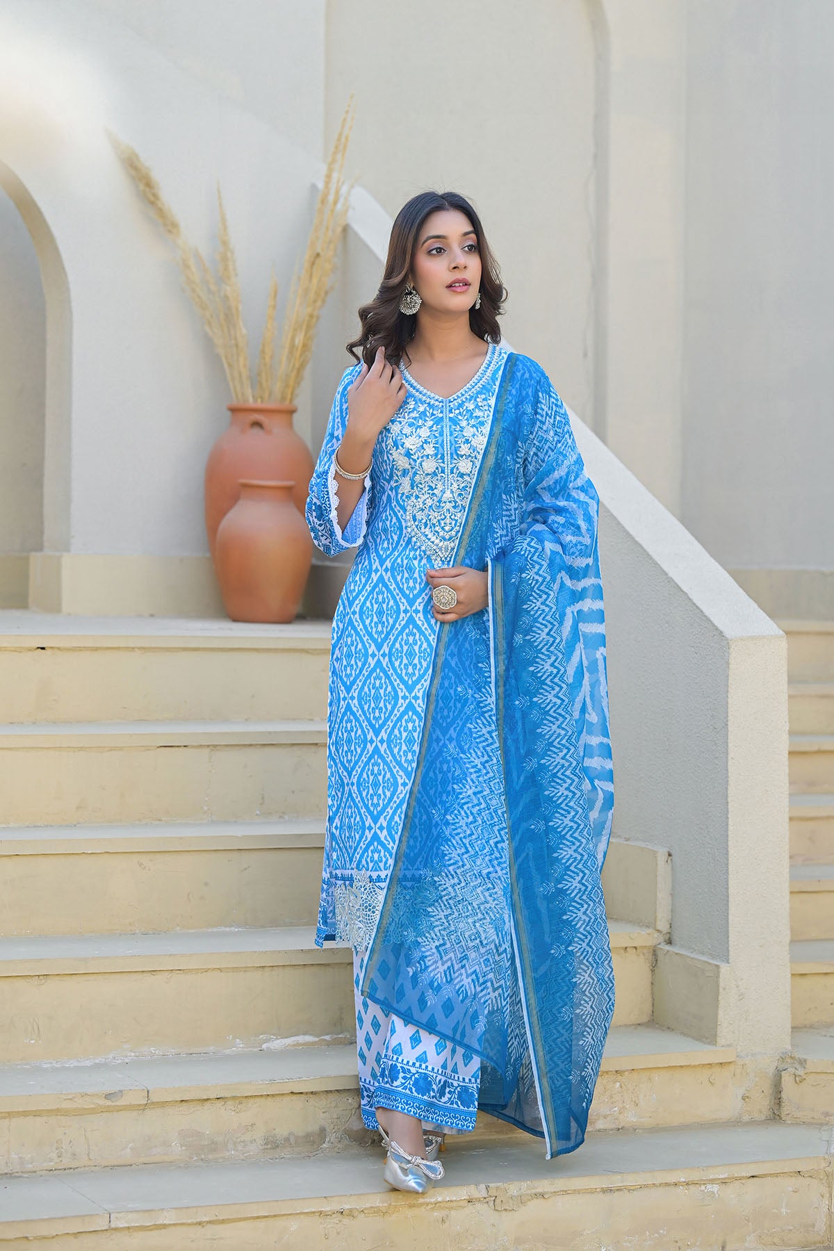 Blue Cotton Embroidered Straight Suit