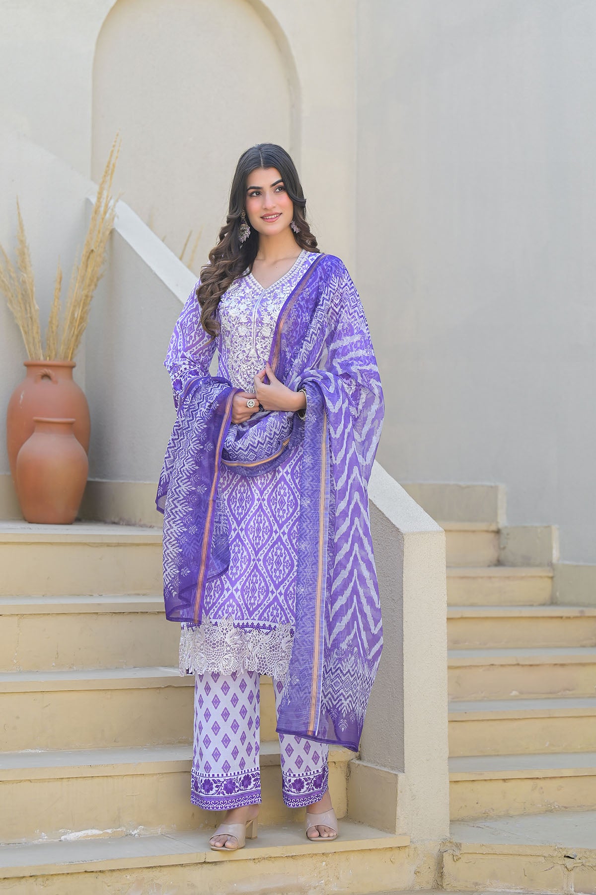 Purple Cotton Embroidered Straight Suit