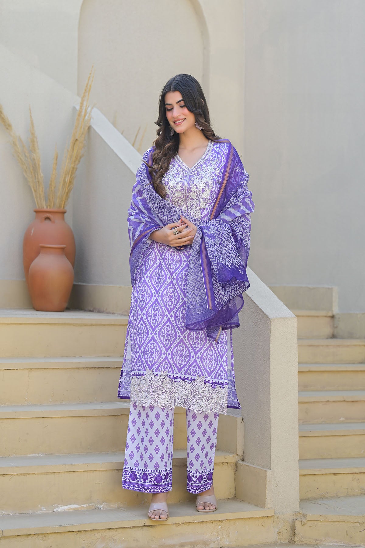 Purple Cotton Embroidered Straight Suit