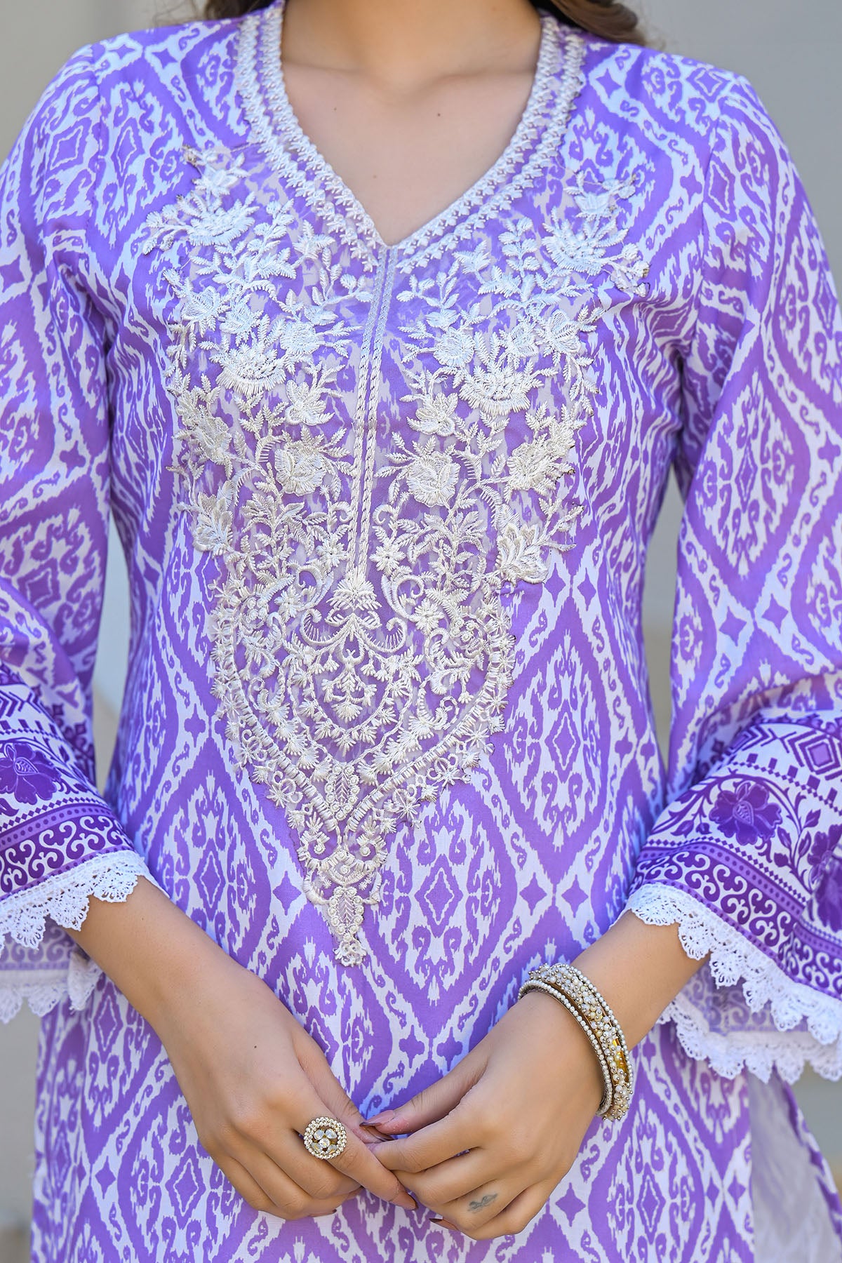Purple Cotton Embroidered Straight Suit