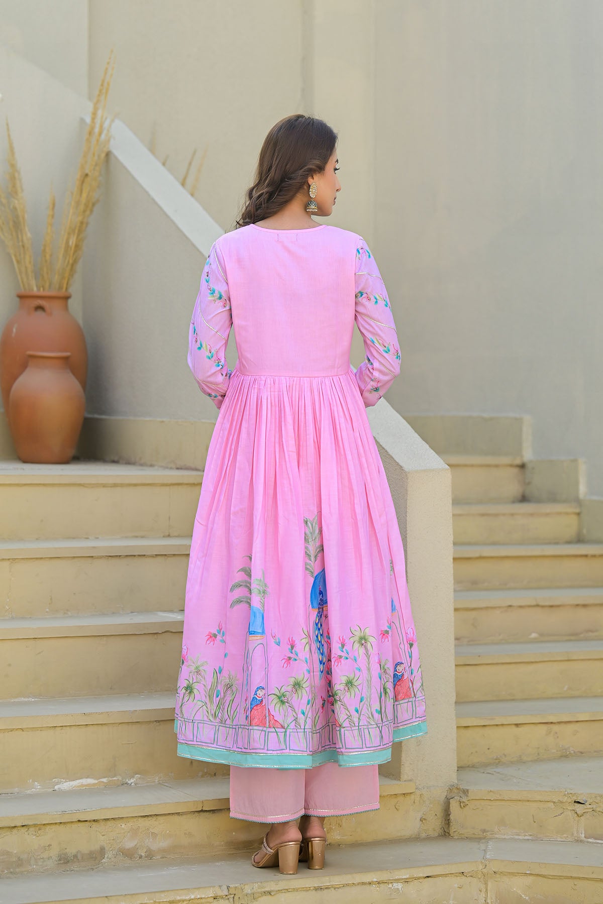 Pink Cotton Printed Anarkali Suit
