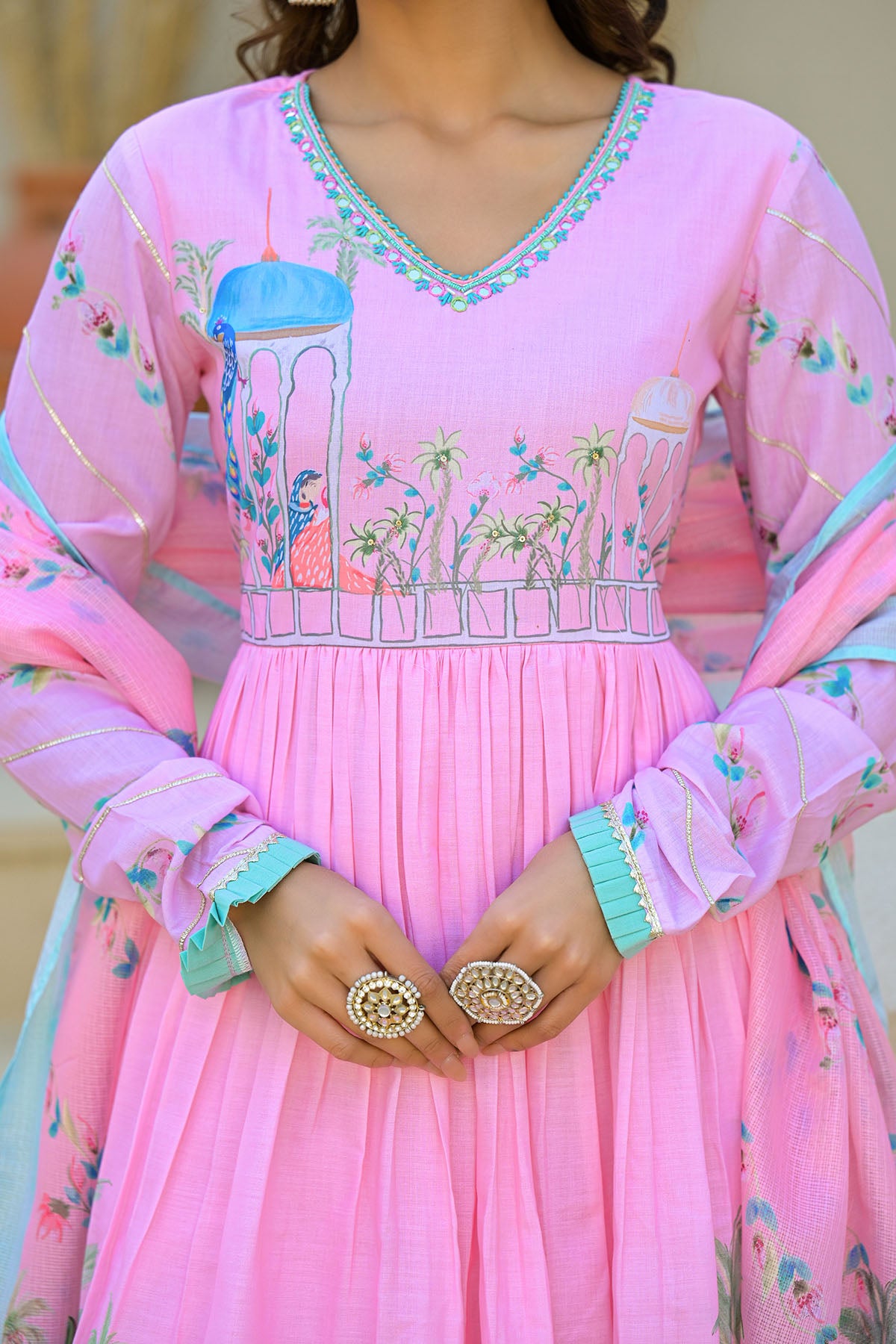 Pink Cotton Printed Anarkali Suit