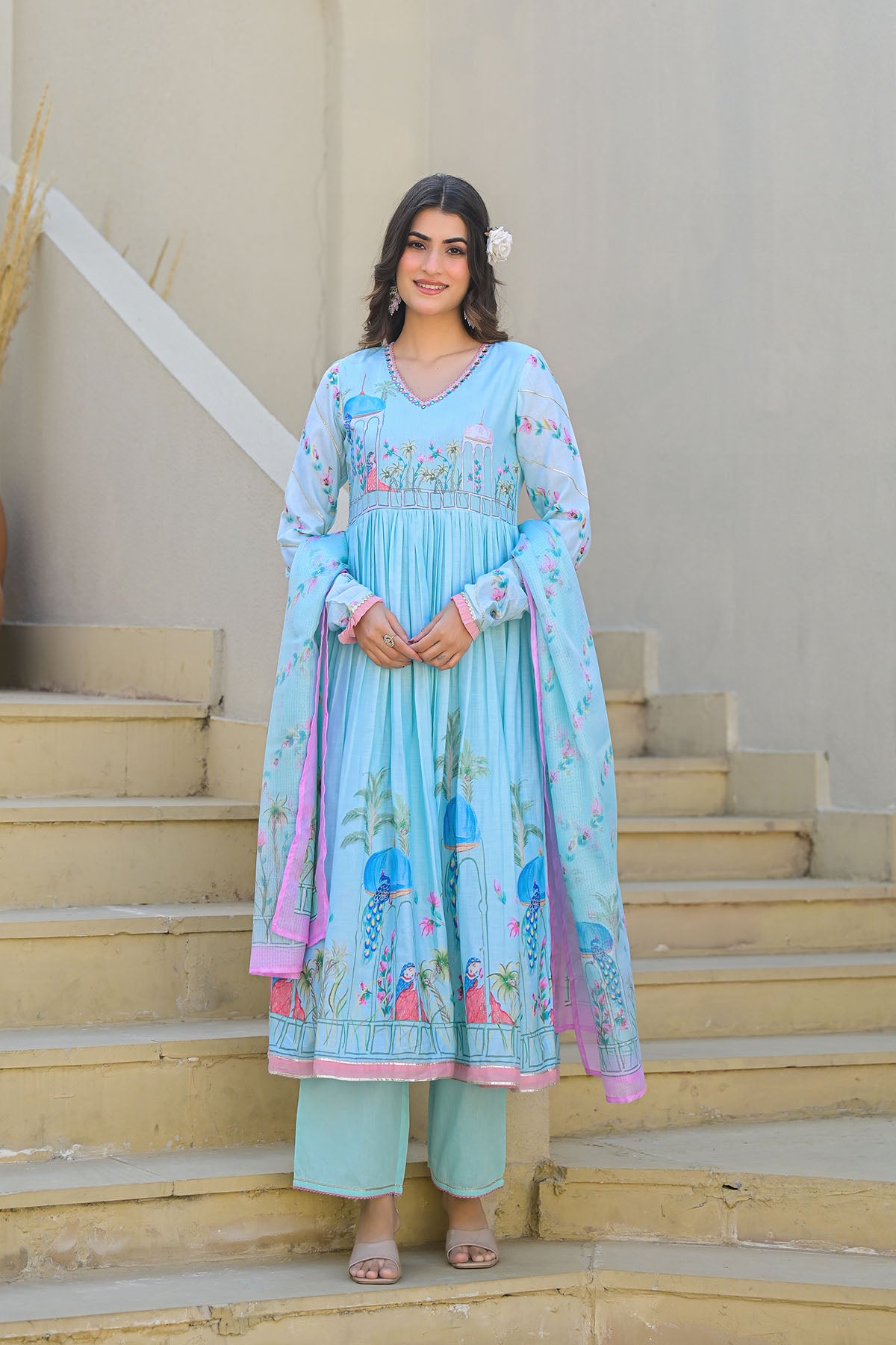 Blue Cotton Printed Anarkali Suit