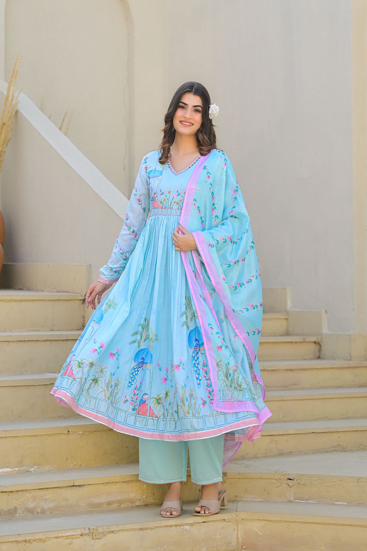 Blue Cotton Printed Anarkali Suit