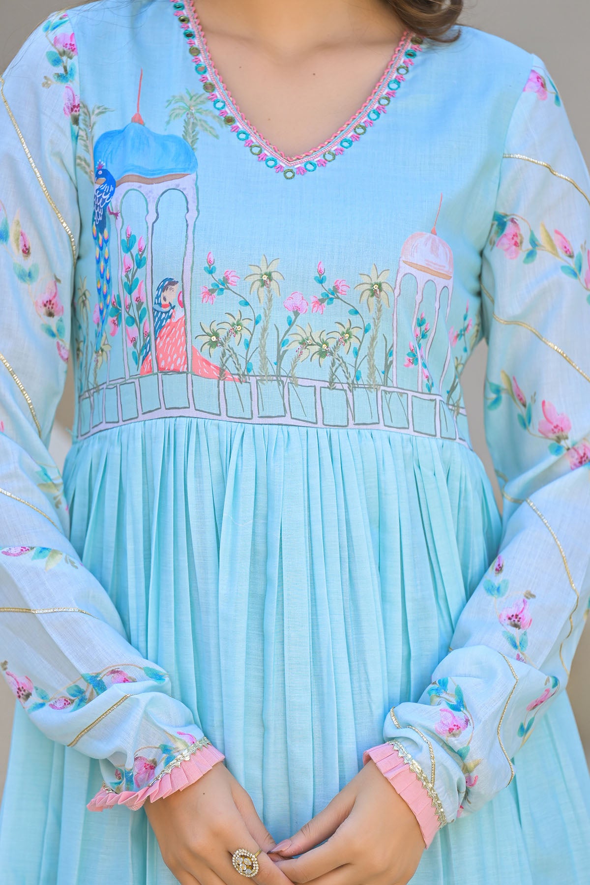 Blue Cotton Printed Anarkali Suit