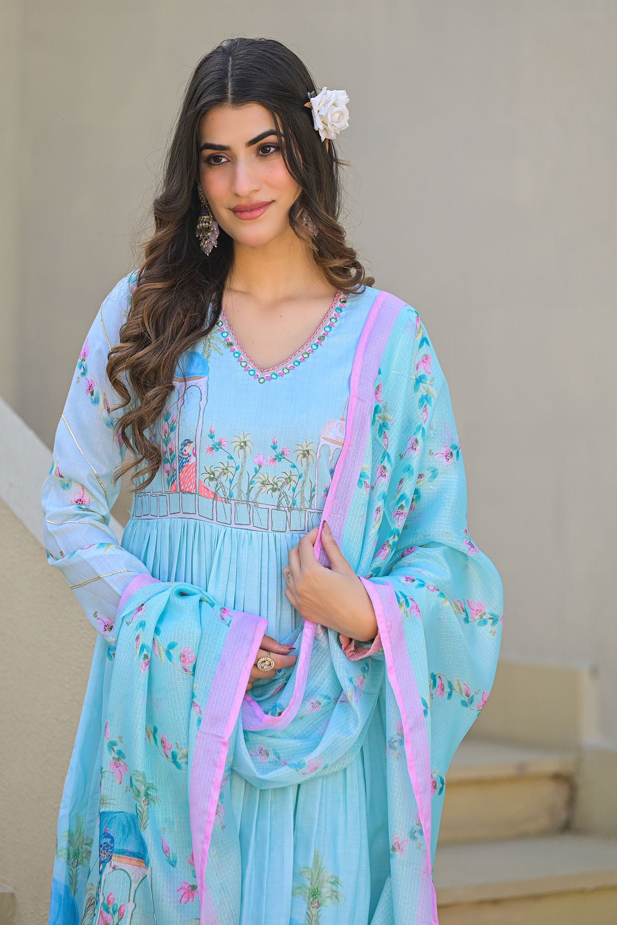 Blue Cotton Printed Anarkali Suit