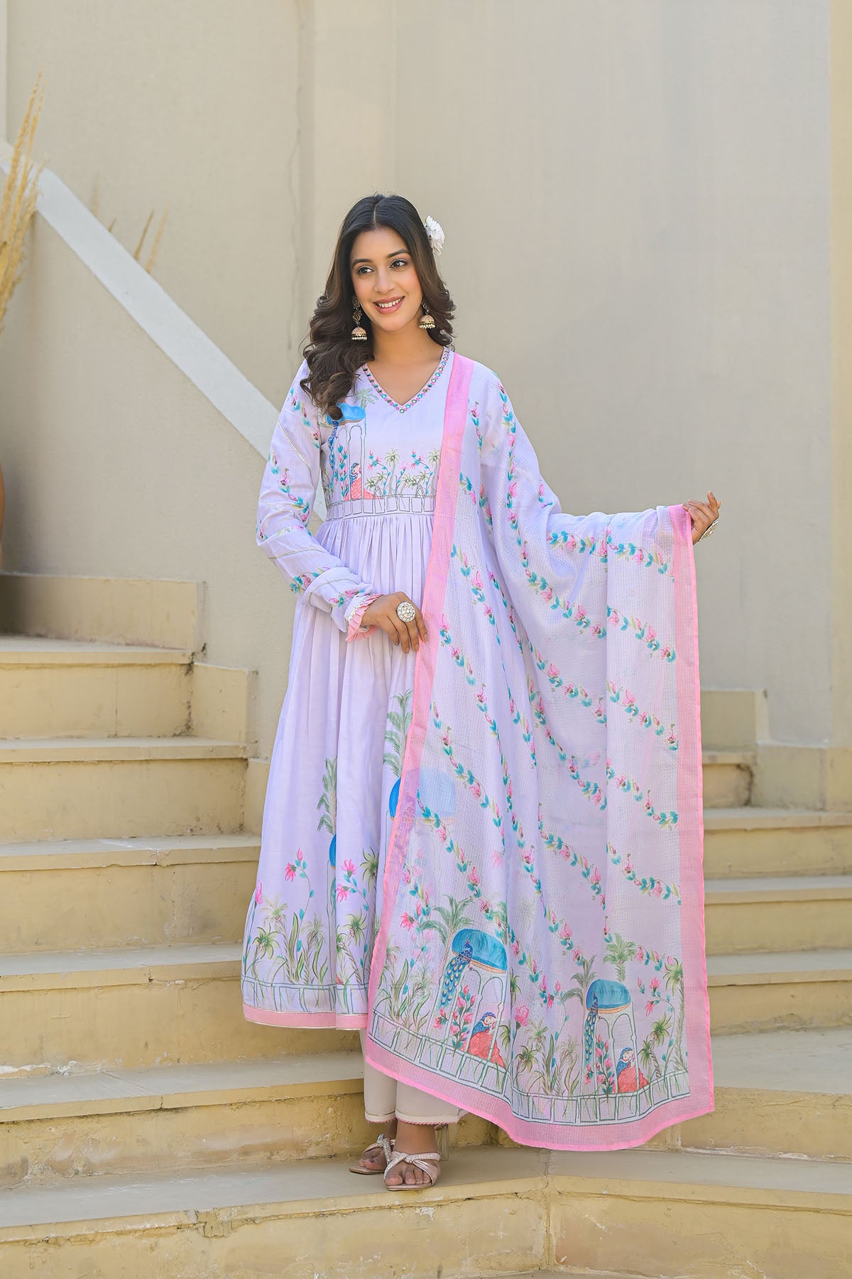 Lavender Cotton Printed Anarkali Suit