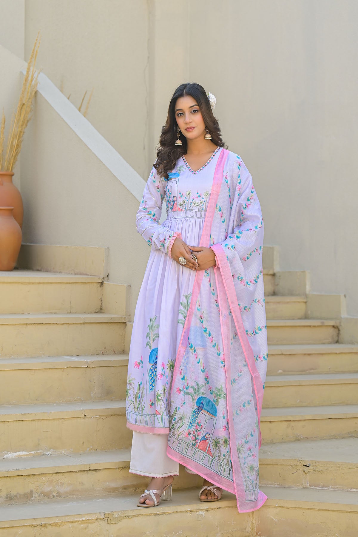 Lavender Cotton Printed Anarkali Suit