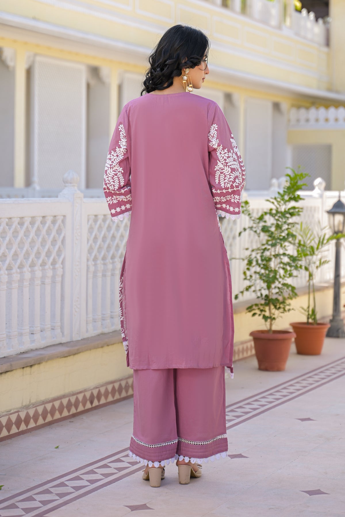 Mauve Cotton Embroidered Suit Set