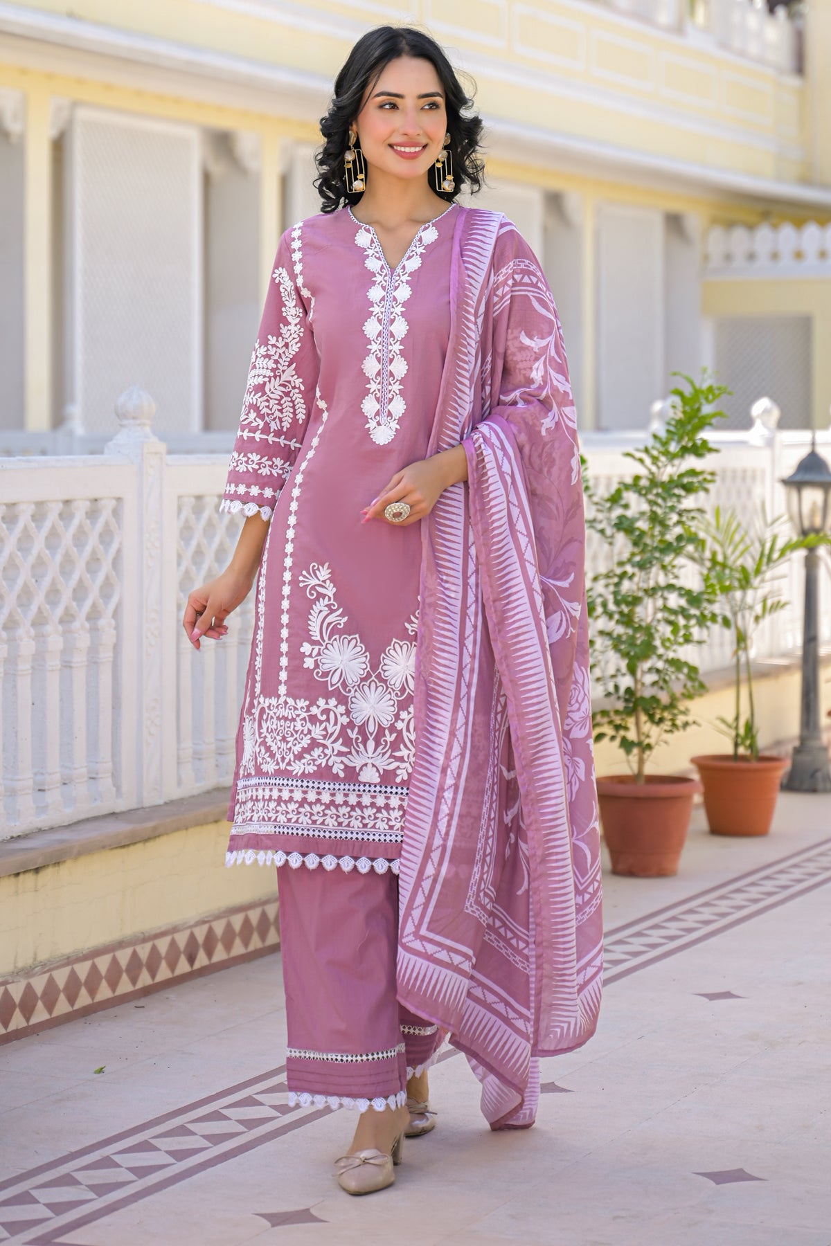 Mauve Cotton Embroidered Suit Set