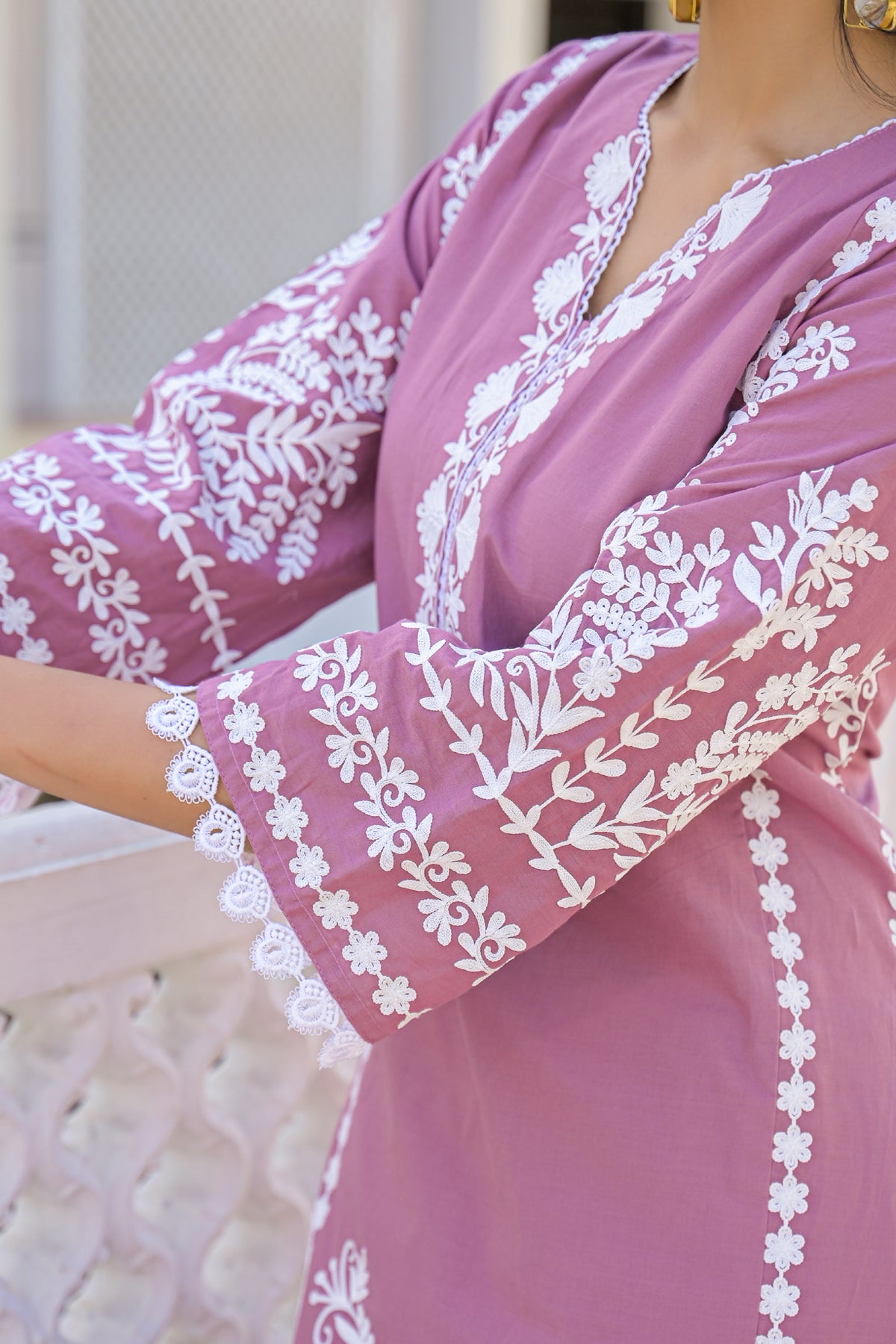 Mauve Cotton Embroidered Suit Set