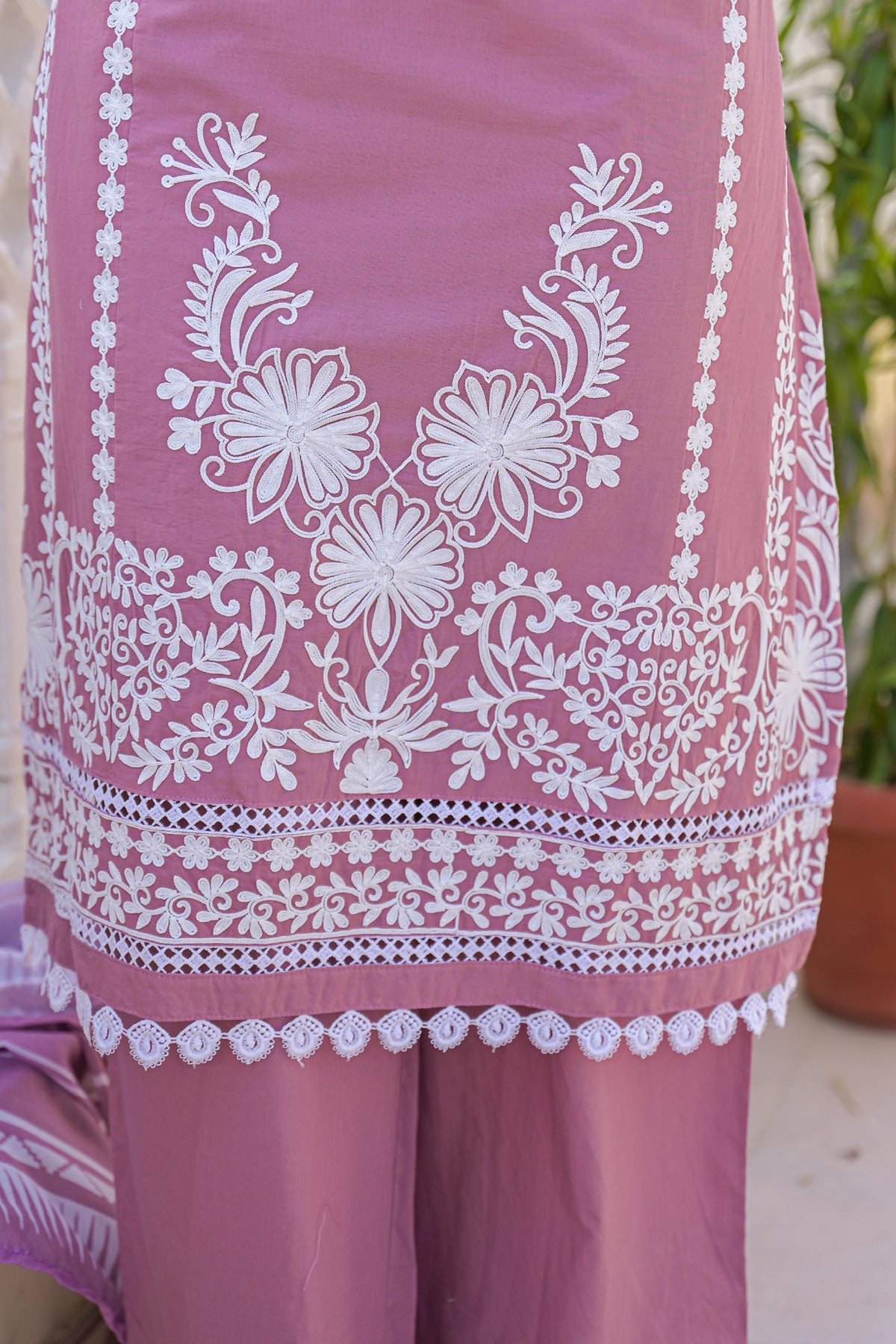 Mauve Cotton Embroidered Suit Set